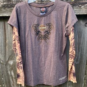 Harley Davidson Brown T-Shirt Mesh Tattoo Sleeves Women’s Size Small Y2K